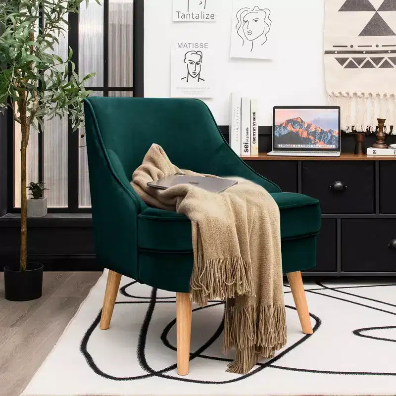Costway Lot de 2 fauteuils d'appoint en velours avec pieds en bois d'hévéa Rose/Vert/Gris
