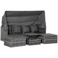 Outsunny 4 Piece Adjustable Canopy Outdoor Rattan Sofa Set, Wicker Patio Furniture Set with Height Adjustable Coffee Table & Cushions, Gray