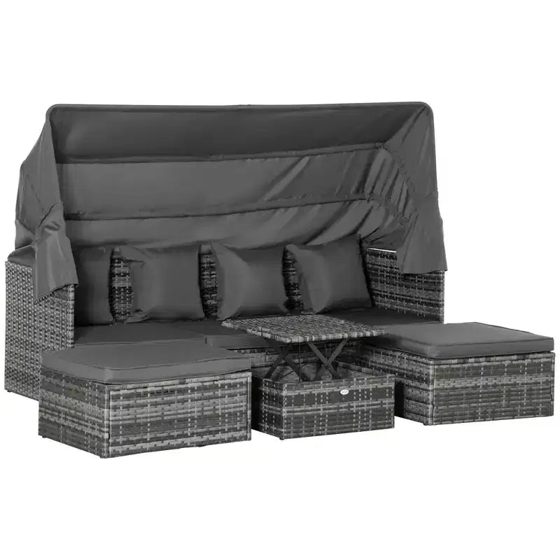 Outsunny 4 Piece Adjustable Canopy Outdoor Rattan Sofa Set, Wicker Patio Furniture Set with Height Adjustable Coffee Table & Cushions, Gray