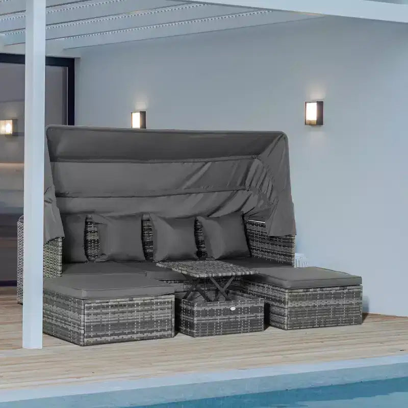 Outsunny Salon de Jardin Extérieur 4 Pièces avec Canapé en Rotin, Canopée Ajustable, Table Basse Réglable en Hauteur et Coussins, Gris
