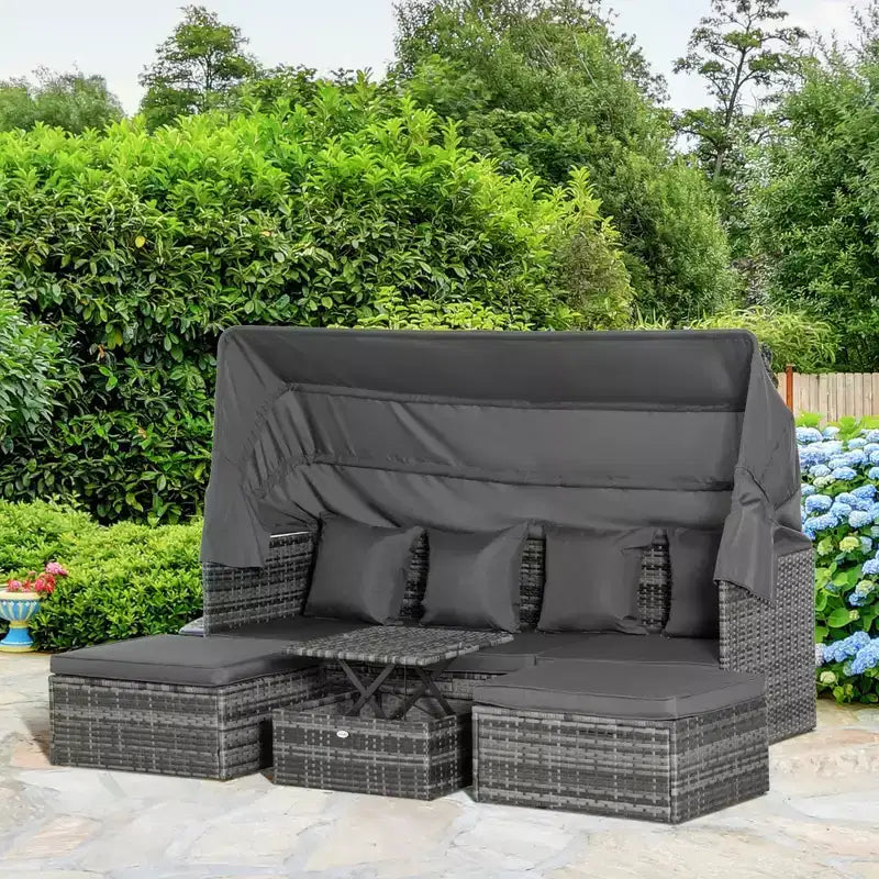 Outsunny Salon de Jardin Extérieur 4 Pièces avec Canapé en Rotin, Canopée Ajustable, Table Basse Réglable en Hauteur et Coussins, Gris