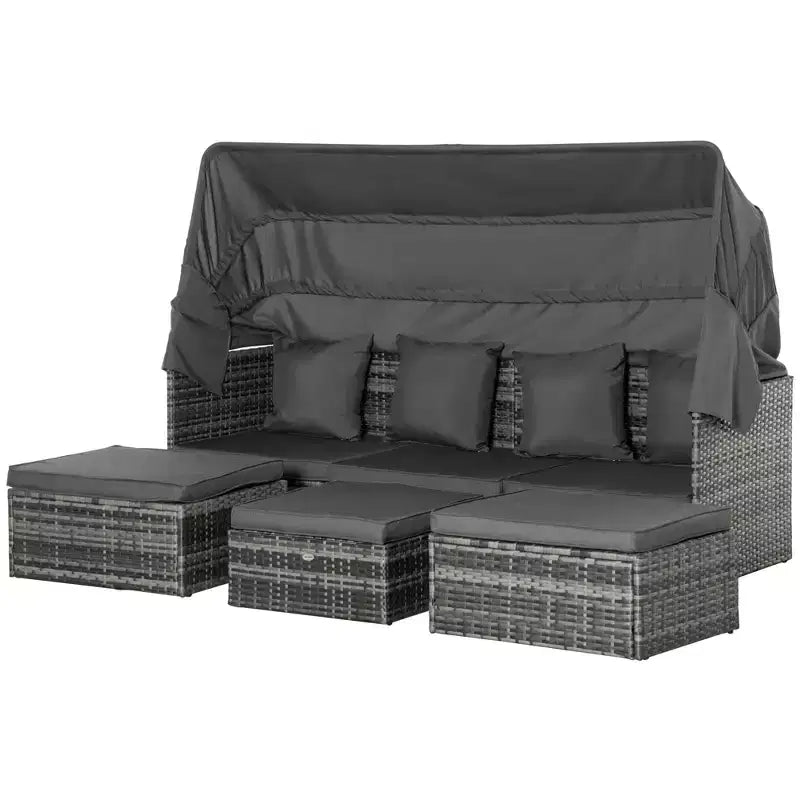 Outsunny Salon de Jardin Extérieur 4 Pièces avec Canapé en Rotin, Canopée Ajustable, Table Basse Réglable en Hauteur et Coussins, Gris