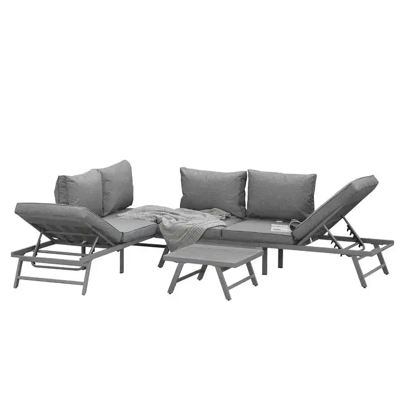Outsunny 3-Piece Patio Couch Furniture Set with 2 Convertible Sofas, 1 Coffee Table, & Weather-Fighting Cushions, Gray