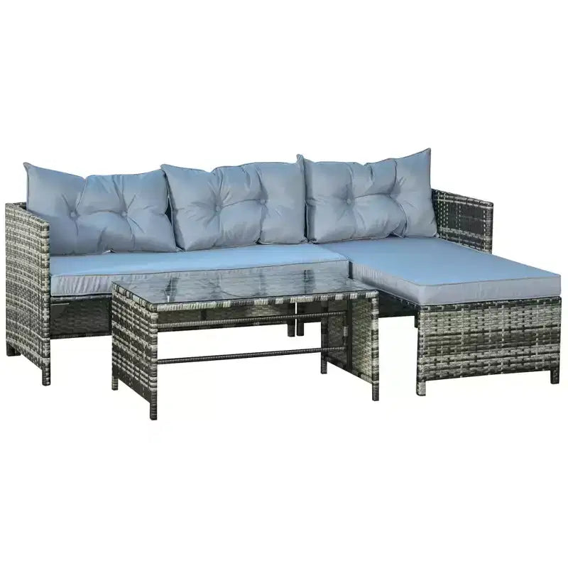 Outsunny 3 Piece Patio Furniture Set, Rattan Outdoor Sofa Set with Chaise Lounge & Loveseat, Cushions, Table, L-Shaped Sectional Couch, Light Gray