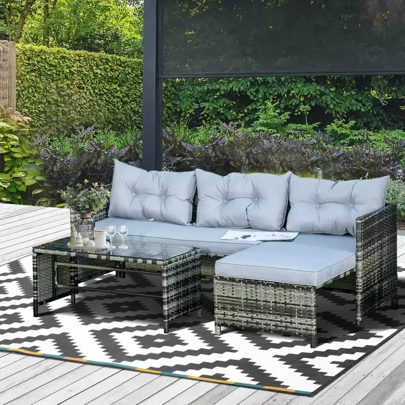 Outsunny Salon de jardin 3 pièces en rotin avec chaise longue, causeuse, coussins, table, canapé d'angle en L, gris clair
