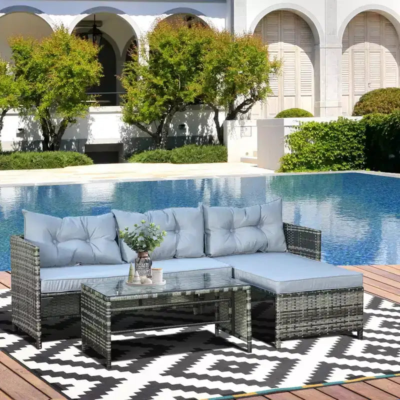 Outsunny Salon de jardin 3 pièces en rotin avec chaise longue, causeuse, coussins, table, canapé d'angle en L, gris clair