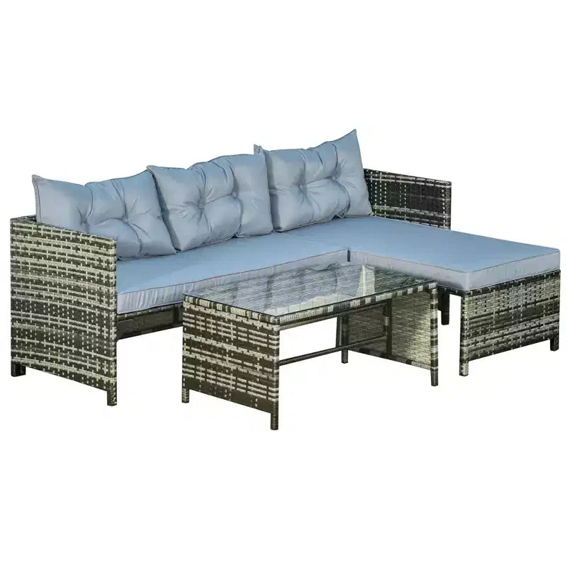 Outsunny Salon de jardin 3 pièces en rotin avec chaise longue, causeuse, coussins, table, canapé d'angle en L, gris clair