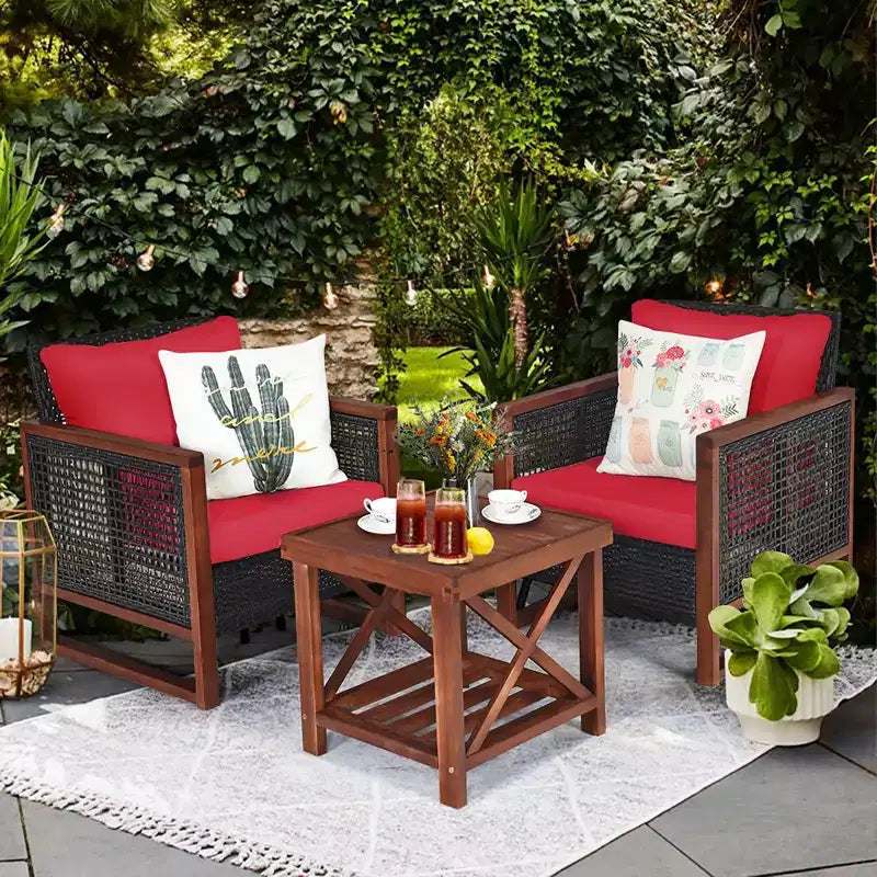 Costway Ensemble de Meubles de Jardin en Rotin 3 pièces, Cadre en Bois Massif, Canapé avec Coussins et Table Carrée avec Étagère