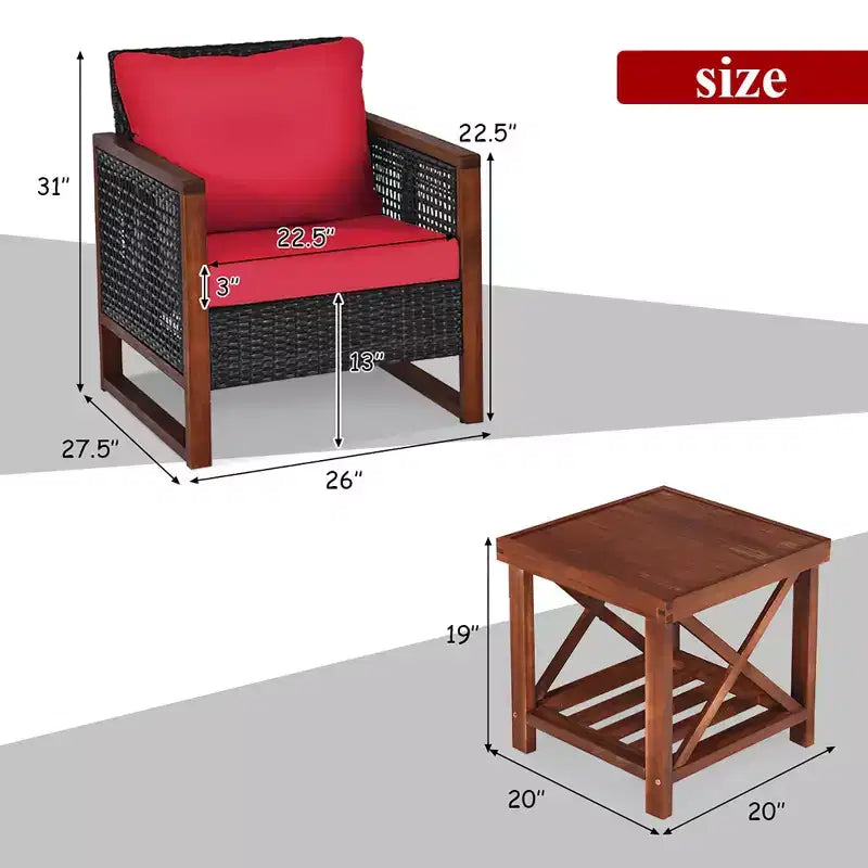 Costway Ensemble de Meubles de Jardin en Rotin 3 pièces, Cadre en Bois Massif, Canapé avec Coussins et Table Carrée avec Étagère