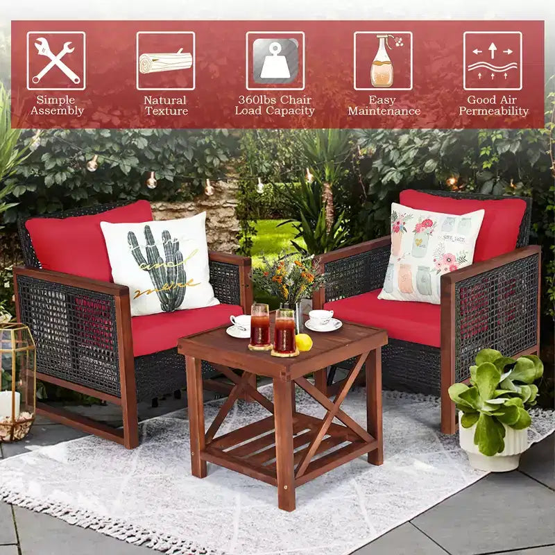 Costway Ensemble de Meubles de Jardin en Rotin 3 pièces, Cadre en Bois Massif, Canapé avec Coussins et Table Carrée avec Étagère