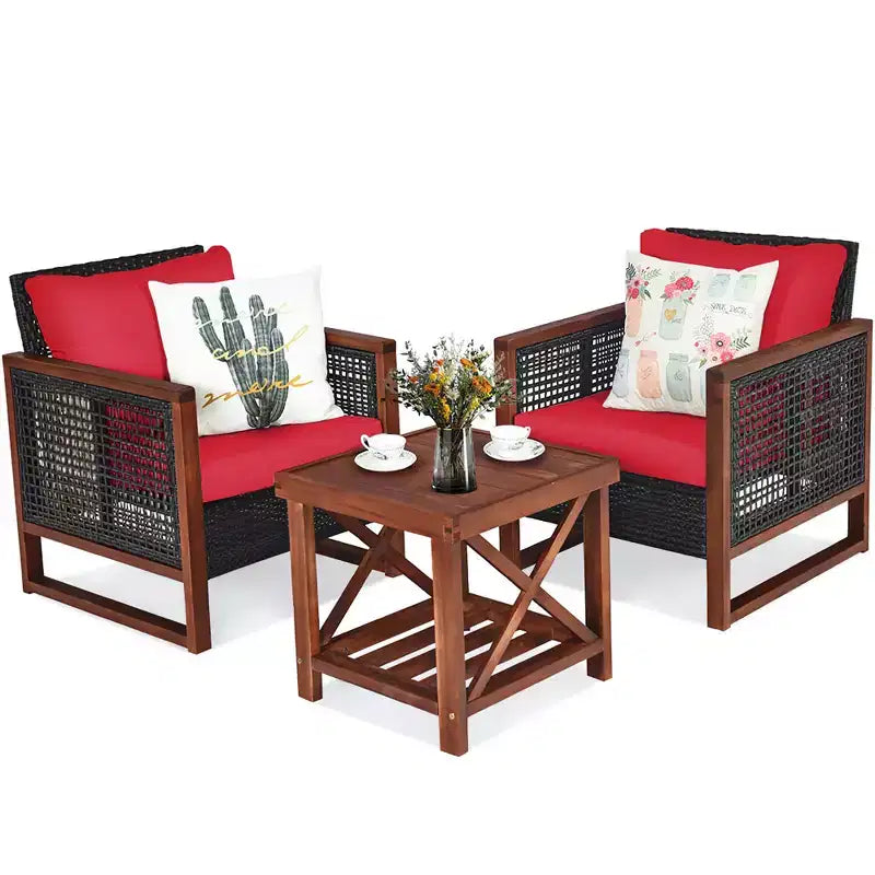 Costway Ensemble de Meubles de Jardin en Rotin 3 pièces, Cadre en Bois Massif, Canapé avec Coussins et Table Carrée avec Étagère