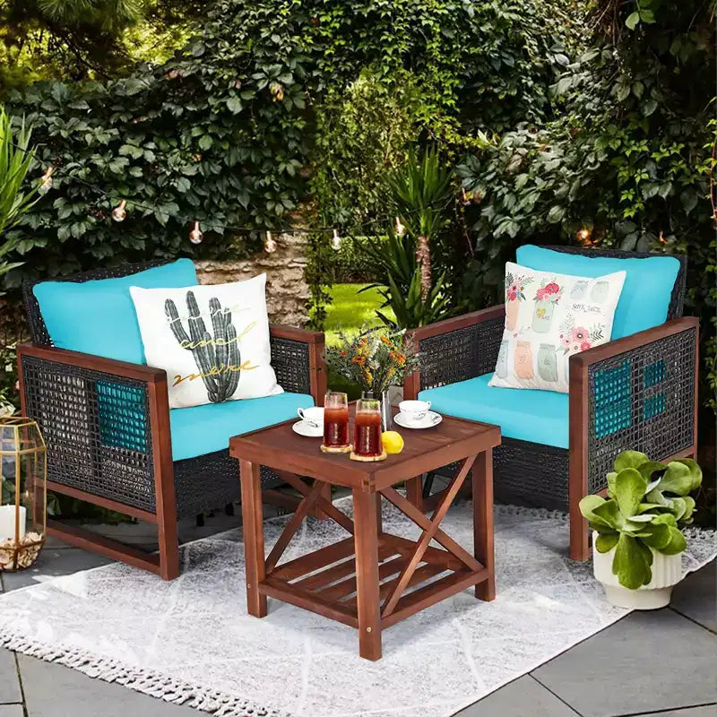 Costway Ensemble de Meubles de Jardin en Rotin 3 pièces, Cadre en Bois Massif, Canapé avec Coussins et Table Carrée avec Étagère