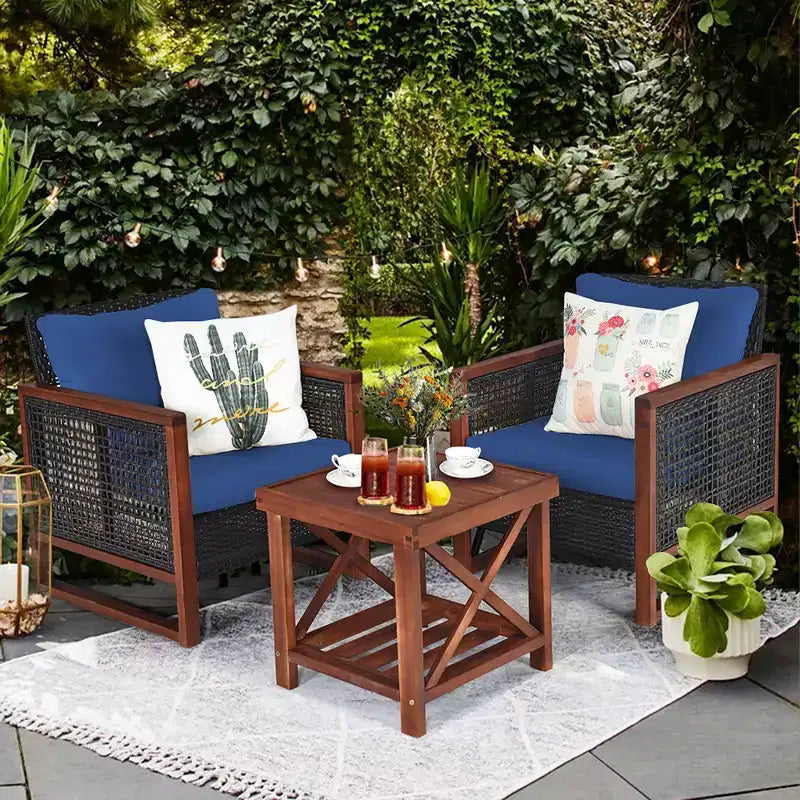 Costway Ensemble de Meubles de Jardin en Rotin 3 pièces, Cadre en Bois Massif, Canapé avec Coussins et Table Carrée avec Étagère
