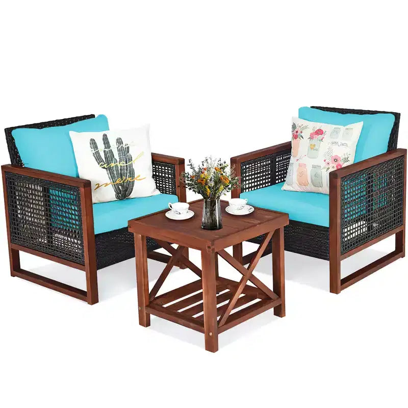 Costway Ensemble de Meubles de Jardin en Rotin 3 pièces, Cadre en Bois Massif, Canapé avec Coussins et Table Carrée avec Étagère