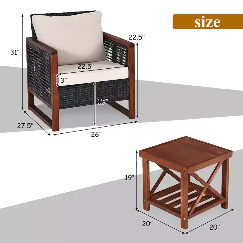 Costway Ensemble de Meubles de Jardin en Rotin 3 pièces, Cadre en Bois Massif, Canapé avec Coussins et Table Carrée avec Étagère