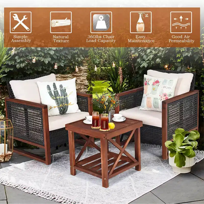 Costway Ensemble de Meubles de Jardin en Rotin 3 pièces, Cadre en Bois Massif, Canapé avec Coussins et Table Carrée avec Étagère
