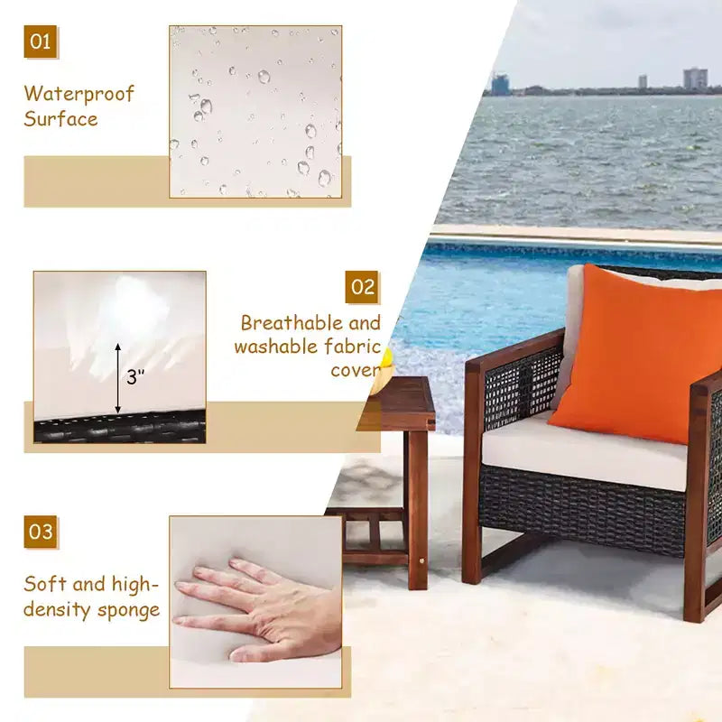 Costway Ensemble de Meubles de Jardin en Rotin 3 pièces, Cadre en Bois Massif, Canapé avec Coussins et Table Carrée avec Étagère