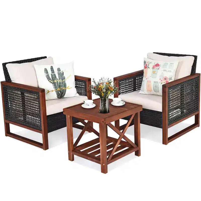 Costway Ensemble de Meubles de Jardin en Rotin 3 pièces, Cadre en Bois Massif, Canapé avec Coussins et Table Carrée avec Étagère