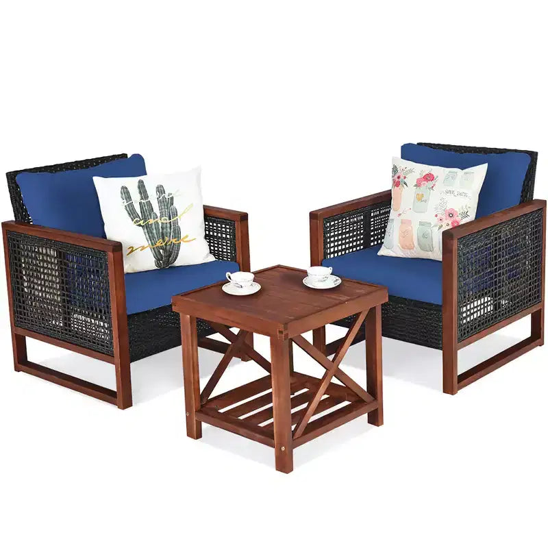 Costway Ensemble de Meubles de Jardin en Rotin 3 pièces, Cadre en Bois Massif, Canapé avec Coussins et Table Carrée avec Étagère