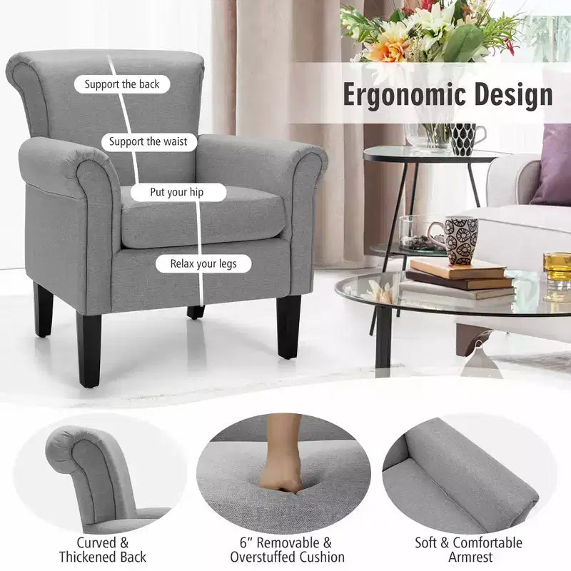 Fauteuil d'appoint moderne en tissu rembourré Costway avec pieds en bois de caoutchouc Gris foncé/Gris clair
