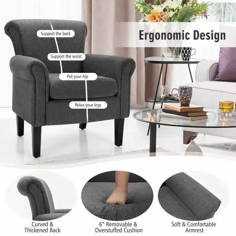 Fauteuil d'appoint moderne en tissu rembourré Costway avec pieds en bois de caoutchouc Gris foncé/Gris clair