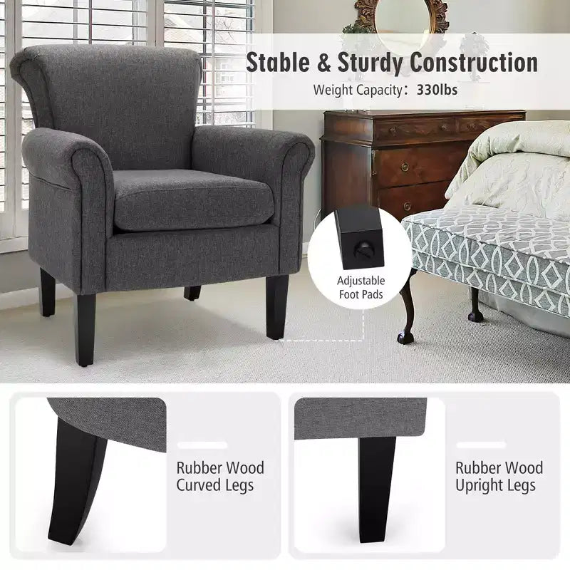 Fauteuil d'appoint moderne en tissu rembourré Costway avec pieds en bois de caoutchouc Gris foncé/Gris clair