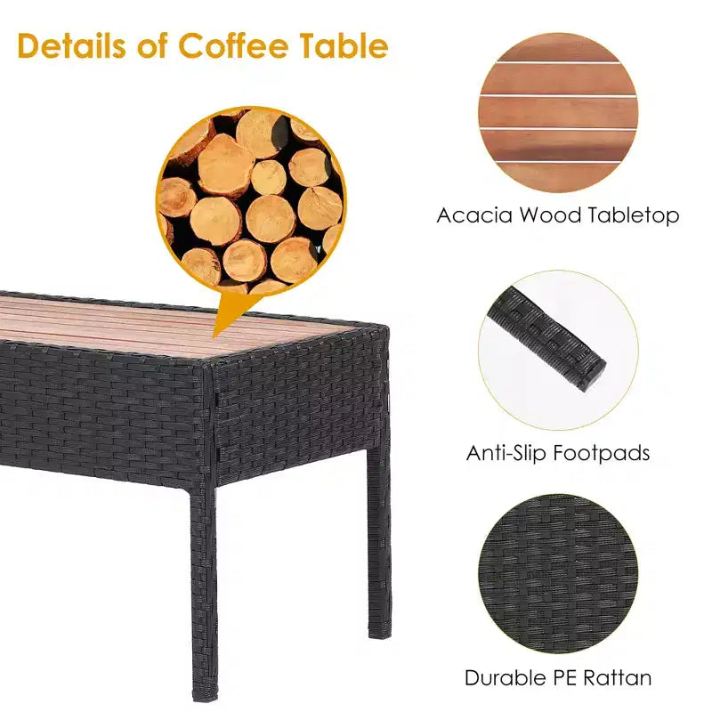 Costway Ensemble de Meubles de Patio en Rotin 4 Pièces, Chaises Rembourrées, Plateau de Table en Bois, Noir