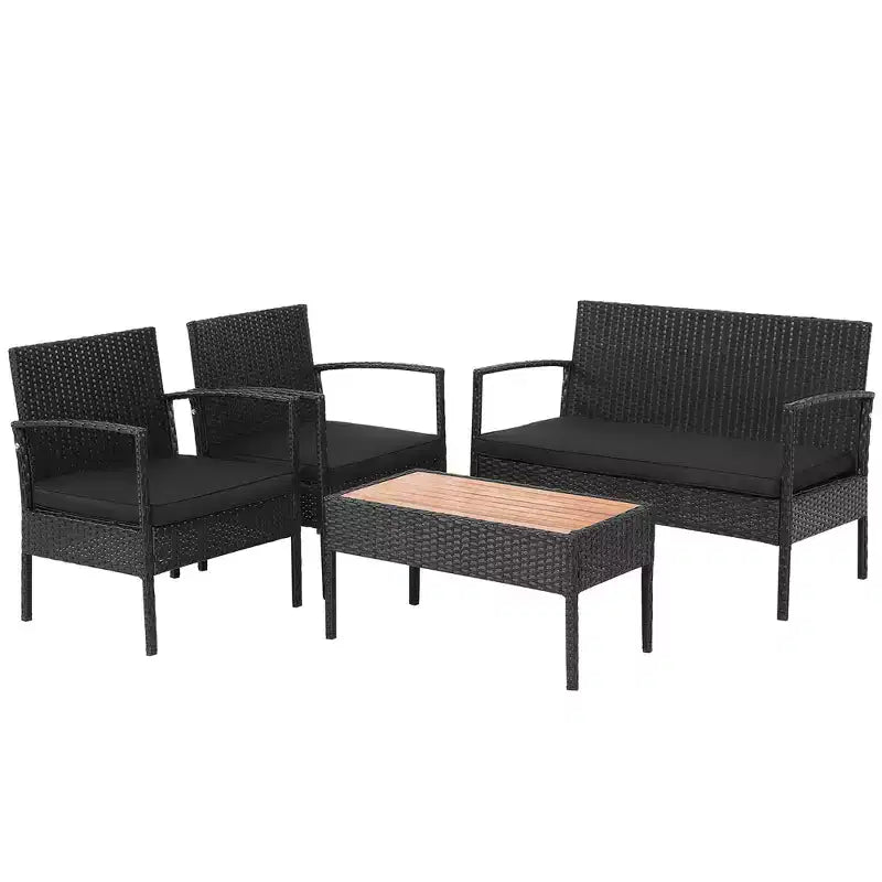 Costway Ensemble de Meubles de Patio en Rotin 4 Pièces, Chaises Rembourrées, Plateau de Table en Bois, Noir