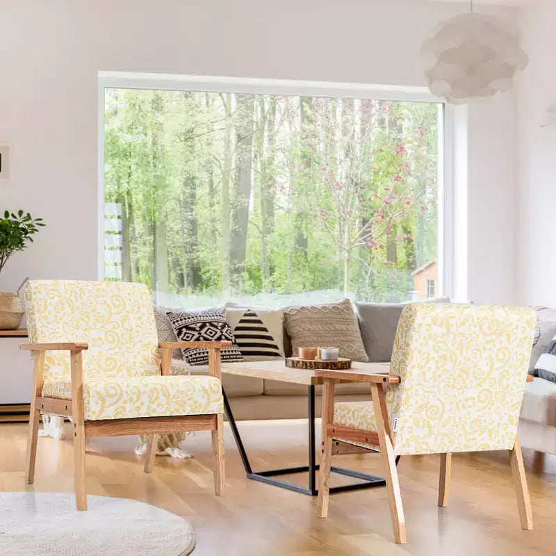 Costway 2PCS Accent Armchair Upholstered Chair Home Office w/ Wooden Frame White/Blue/Yellow