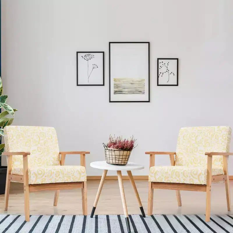 Costway 2PCS Accent Armchair Upholstered Chair Home Office w/ Wooden Frame White/Blue/Yellow