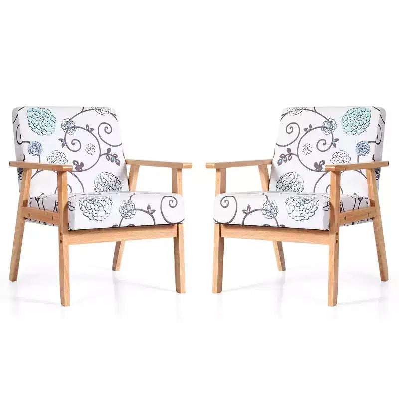 Costway 2PCS Accent Armchair Upholstered Chair Home Office w/ Wooden Frame White/Blue/Yellow