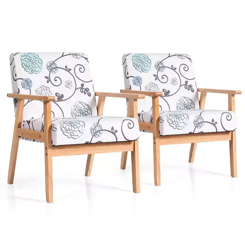 Costway 2PCS Accent Armchair Upholstered Chair Home Office w/ Wooden Frame White/Blue/Yellow