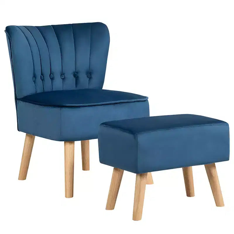 Costway Leisure Chair and Ottoman Thick Padded Button Tufted Sofa Set w/ Wood Legs Pink\ Blue\Green