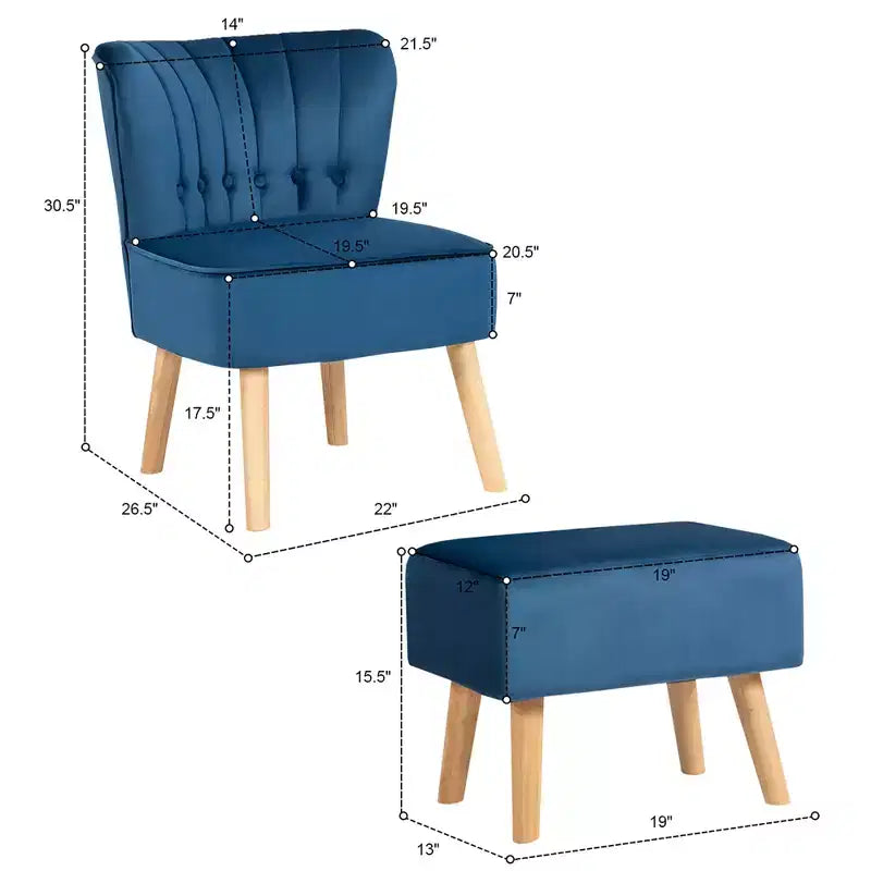 Costway Leisure Chair and Ottoman Thick Padded Button Tufted Sofa Set w/ Wood Legs Pink\ Blue\Green