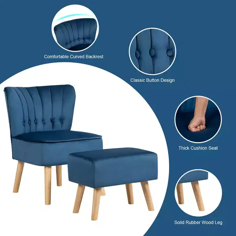 Costway Leisure Chair and Ottoman Thick Padded Button Tufted Sofa Set w/ Wood Legs Pink\ Blue\Green