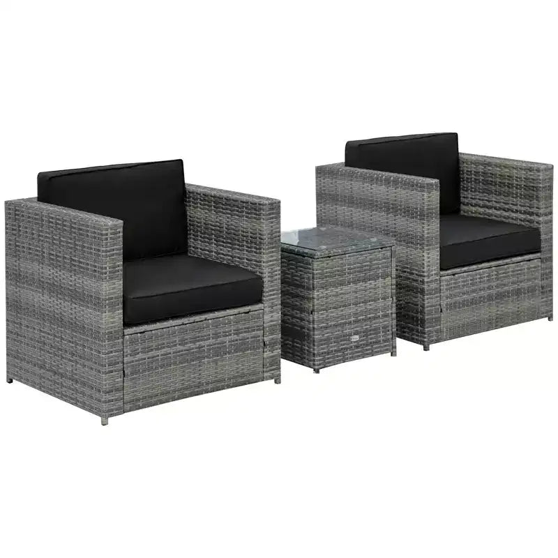 Outsunny Salon de Bistro 3 pièces en Rotin pour 2, Fauteuils de Jardin en Rotin, Coussins, Table Basse en Verre, Mobilier de Jardin ou Balcon