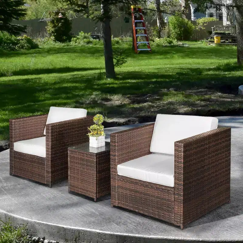Outsunny Salon de Bistro 3 pièces en Rotin pour 2, Fauteuils de Jardin en Rotin, Coussins, Table Basse en Verre, Mobilier de Jardin ou Balcon