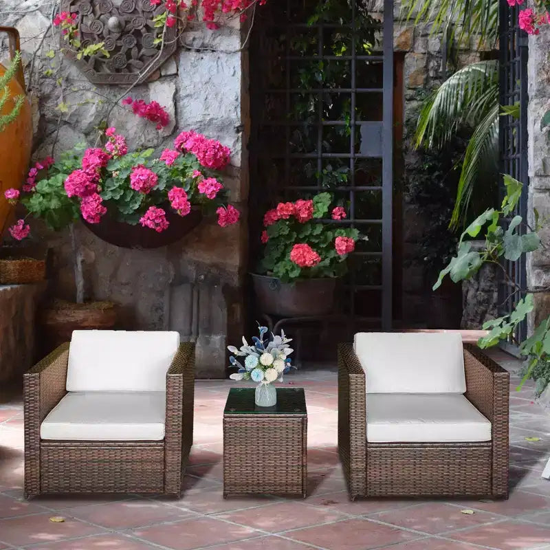 Outsunny Salon de Bistro 3 pièces en Rotin pour 2, Fauteuils de Jardin en Rotin, Coussins, Table Basse en Verre, Mobilier de Jardin ou Balcon