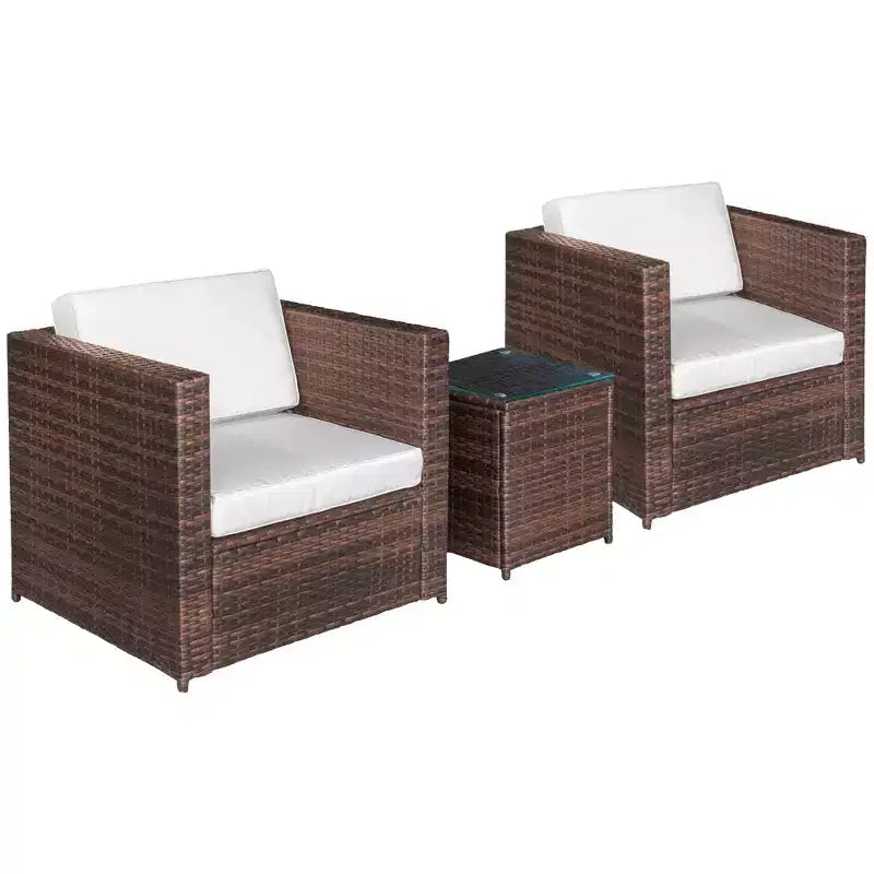 Outsunny Salon de Bistro 3 pièces en Rotin pour 2, Fauteuils de Jardin en Rotin, Coussins, Table Basse en Verre, Mobilier de Jardin ou Balcon