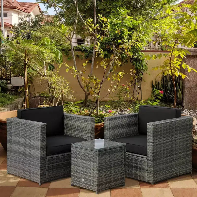 Outsunny Salon de Bistro 3 pièces en Rotin pour 2, Fauteuils de Jardin en Rotin, Coussins, Table Basse en Verre, Mobilier de Jardin ou Balcon