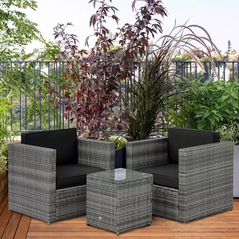 Outsunny Salon de Bistro 3 pièces en Rotin pour 2, Fauteuils de Jardin en Rotin, Coussins, Table Basse en Verre, Mobilier de Jardin ou Balcon