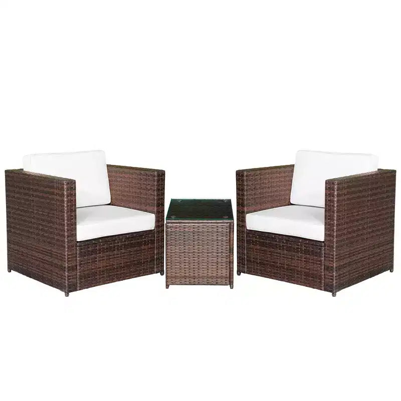 Outsunny 3 Piece Wicker Bistro Patio Set for 2, Rattan Porch Chairs, Cushions, Glass Side table, Garden or Balcony Furniture Conversation Set
