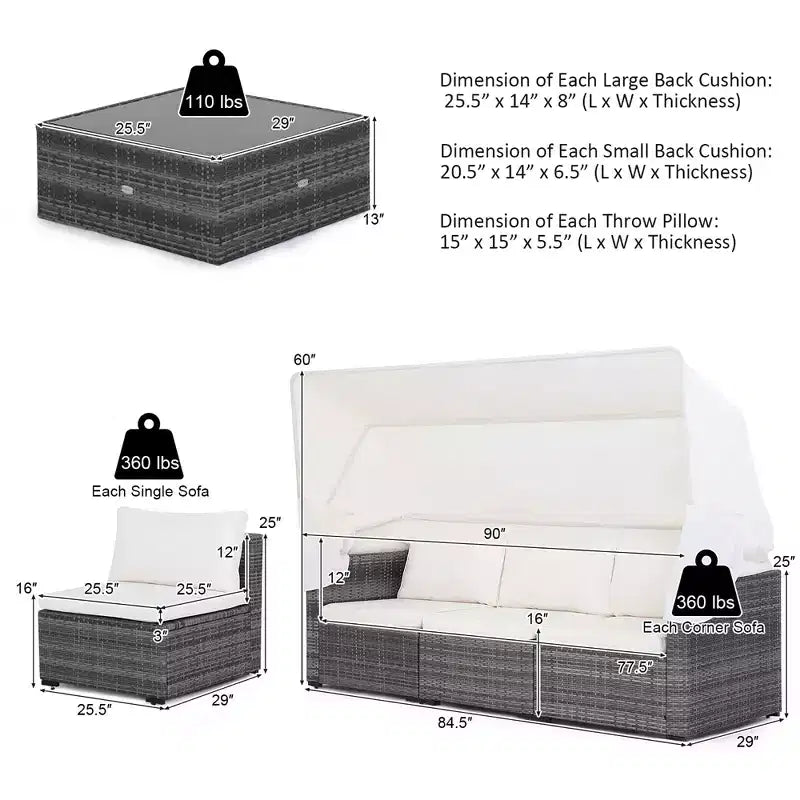 Ensemble de mobilier de patio extérieur 6 pièces Costway avec auvent rétractable
