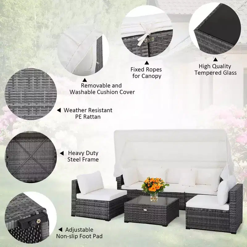 Ensemble de mobilier de patio extérieur 6 pièces Costway avec auvent rétractable
