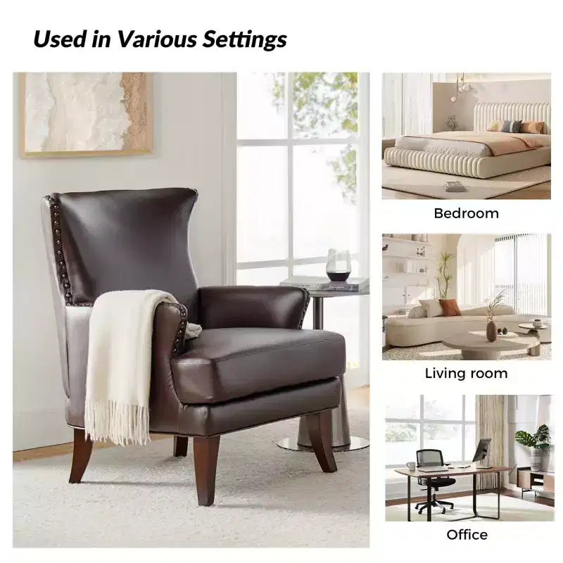 Fauteuil à oreilles en similicuir végane Jorge avec clous décoratifs pour salon et chambre | Karat Home