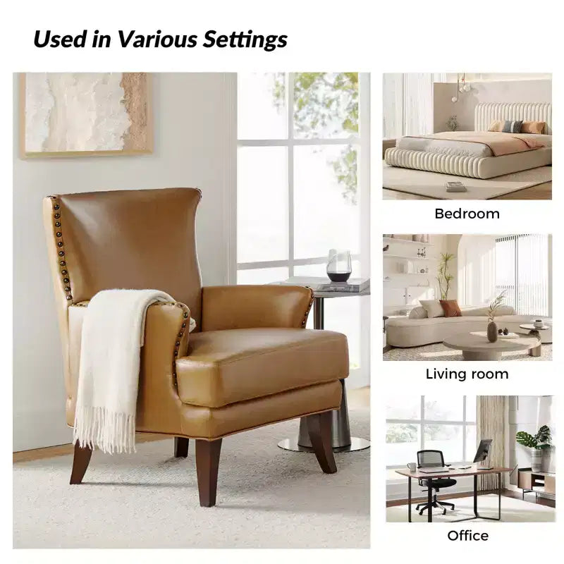 Fauteuil à oreilles en similicuir végane Jorge avec clous décoratifs pour salon et chambre | Karat Home