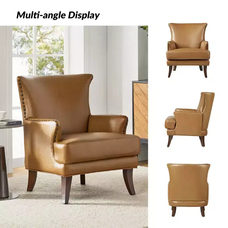 Fauteuil à oreilles en similicuir végane Jorge avec clous décoratifs pour salon et chambre | Karat Home
