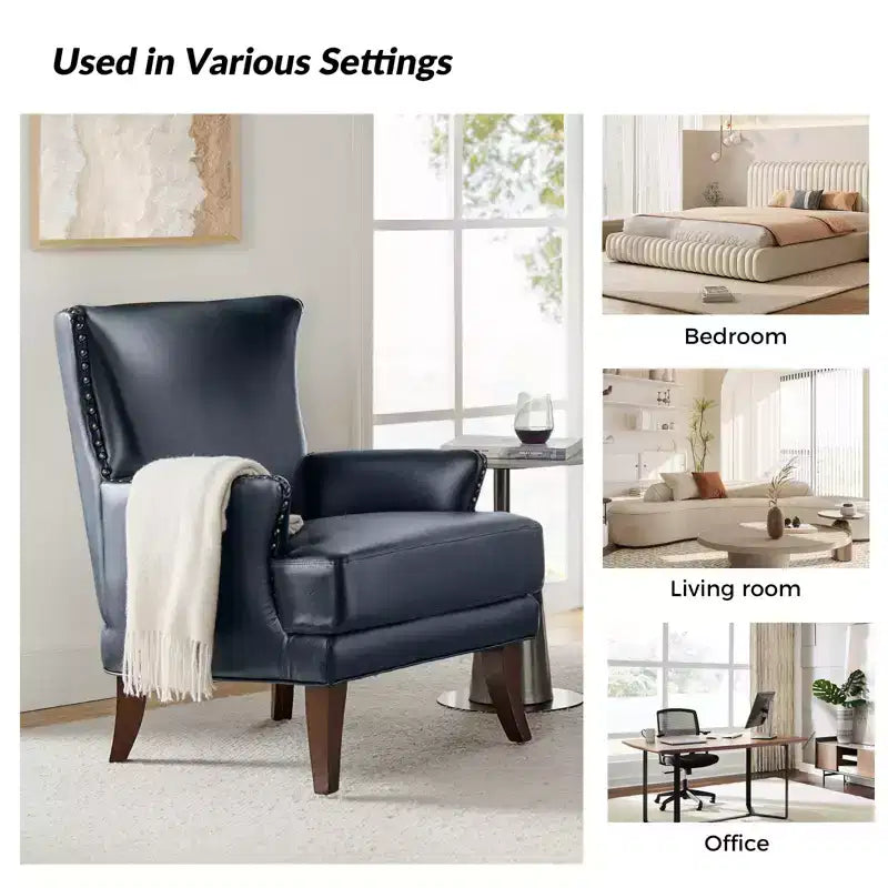 Fauteuil à oreilles en similicuir végane Jorge avec clous décoratifs pour salon et chambre | Karat Home