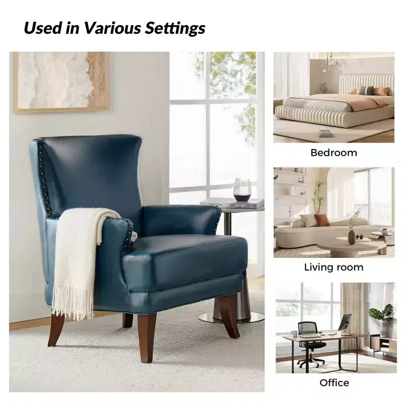 Fauteuil à oreilles en similicuir végane Jorge avec clous décoratifs pour salon et chambre | Karat Home