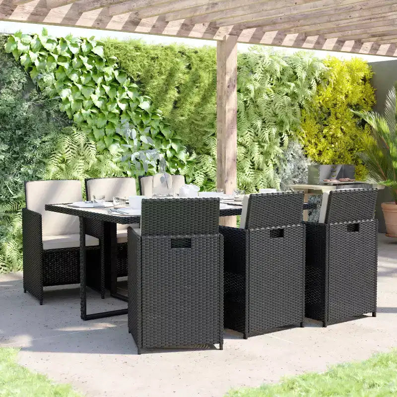 Flash Furniture Peregrine, ensemble de salle à manger d'extérieur 7 pièces, chaises modulaires en osier peu encombrantes, coussins et plateau de table en bois d'acacia